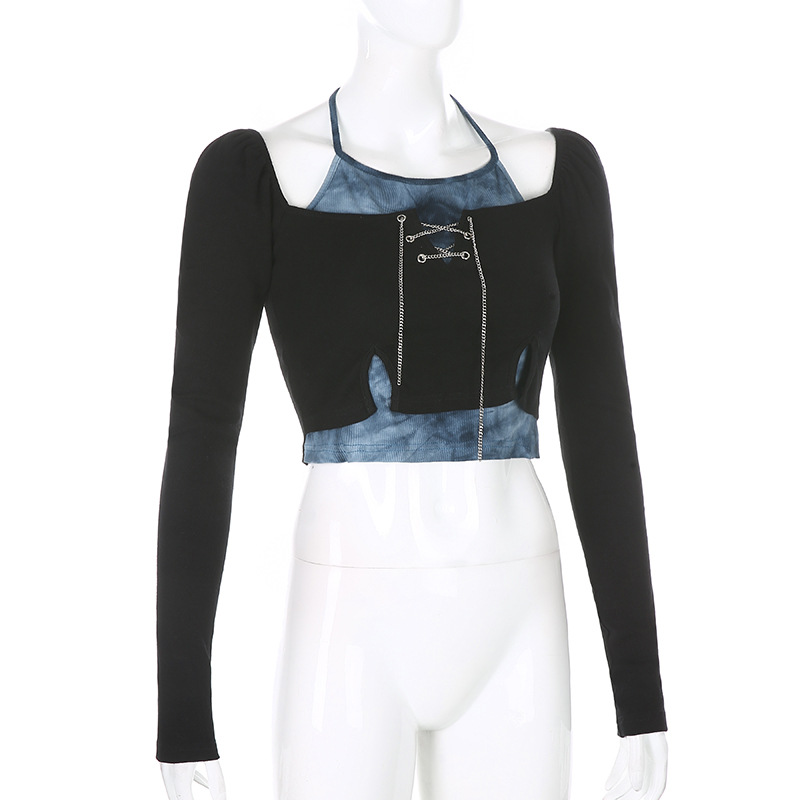 Fashion Long Sleeve Patchwork T-Shirt / Women's Chain Black Crop Top - HARD'N'HEAVY