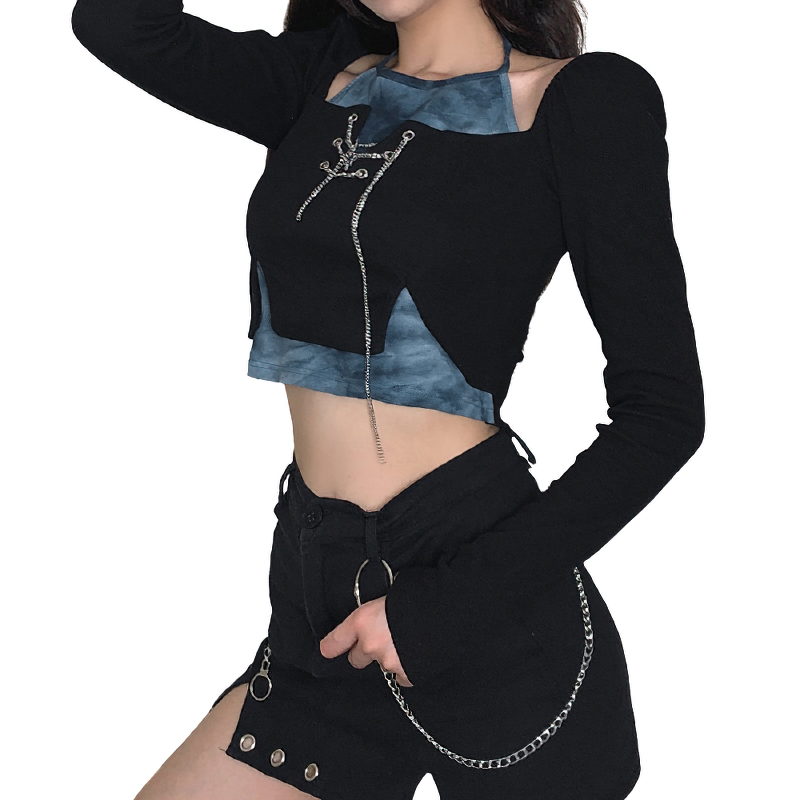 Fashionable women's black gothic crop top with stylish silver chains and patchwork design.