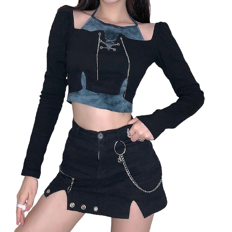 Gothic black crop top with patchwork design and silver chains, perfect for a stylish women's wardrobe.