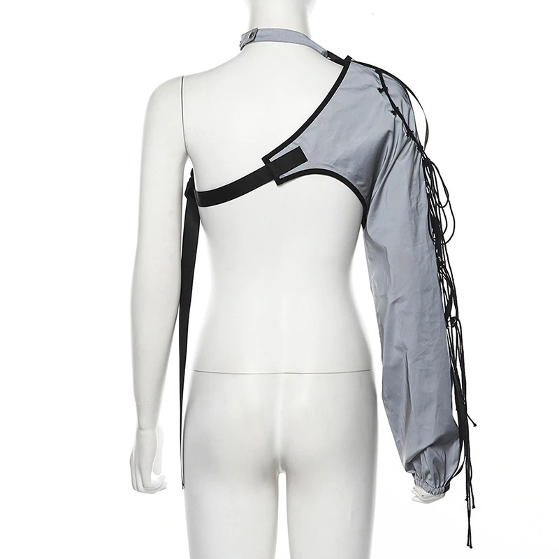 One shoulder top with ribbons for women, showcasing a stylish gray design for cosplay and dance outfits.