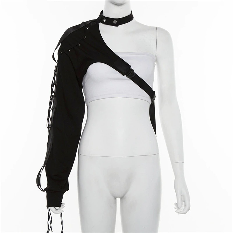 Fashion long sleeve one shoulder top with ribbons, perfect for alternative style, cosplay, and stage outfits.