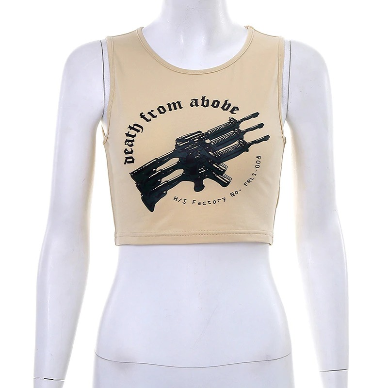 Trendy cropped tank top featuring edgy gun graphic and catchy text for bold fashion statements.