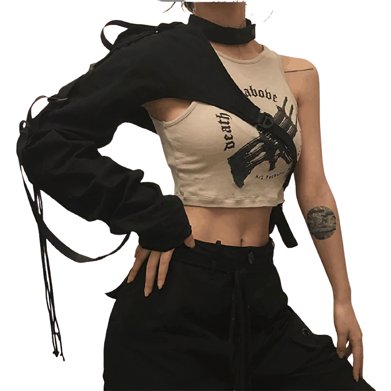 One shoulder cropped top with ribbons, perfect for alternative fashion and cosplay outfits.