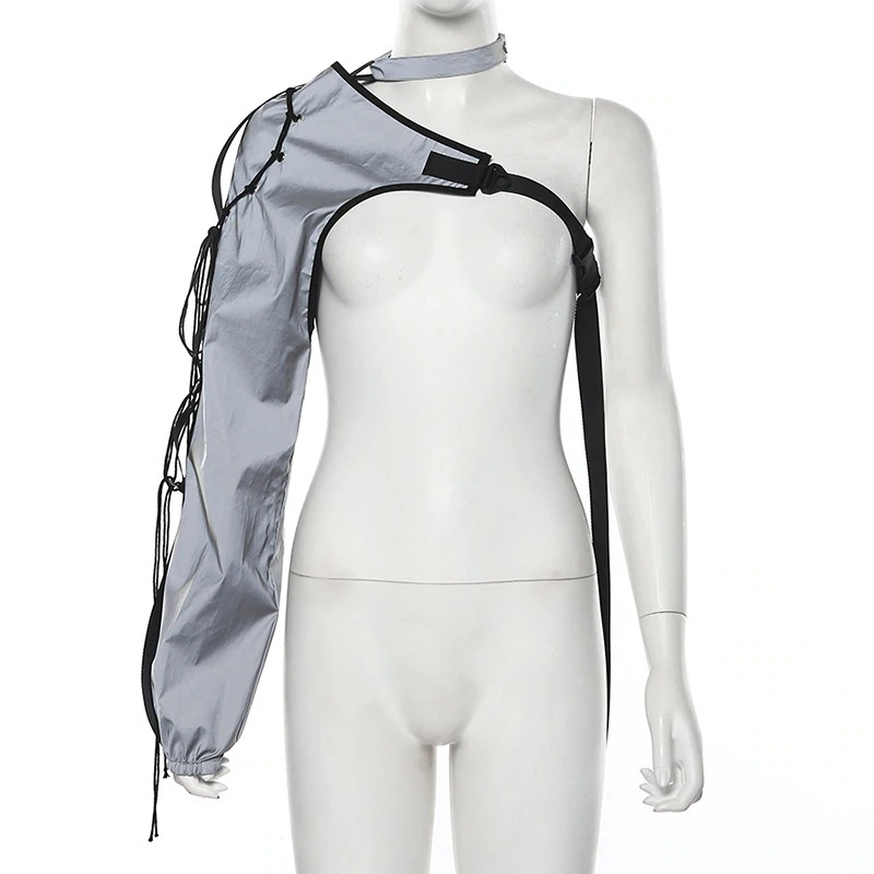 One shoulder fashion top with ribbons, silver color, perfect for cosplay and dance outfits, stylish unique design.