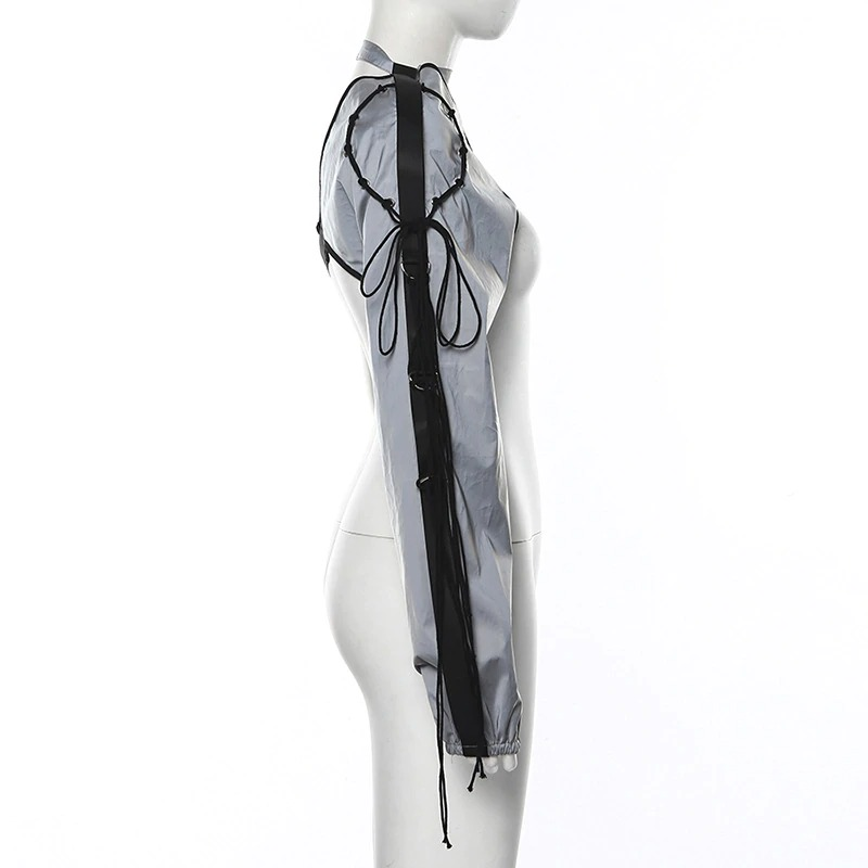 Stylish one shoulder top in gray with ribbons and ties, perfect for alternative fashion and cosplay outfits.