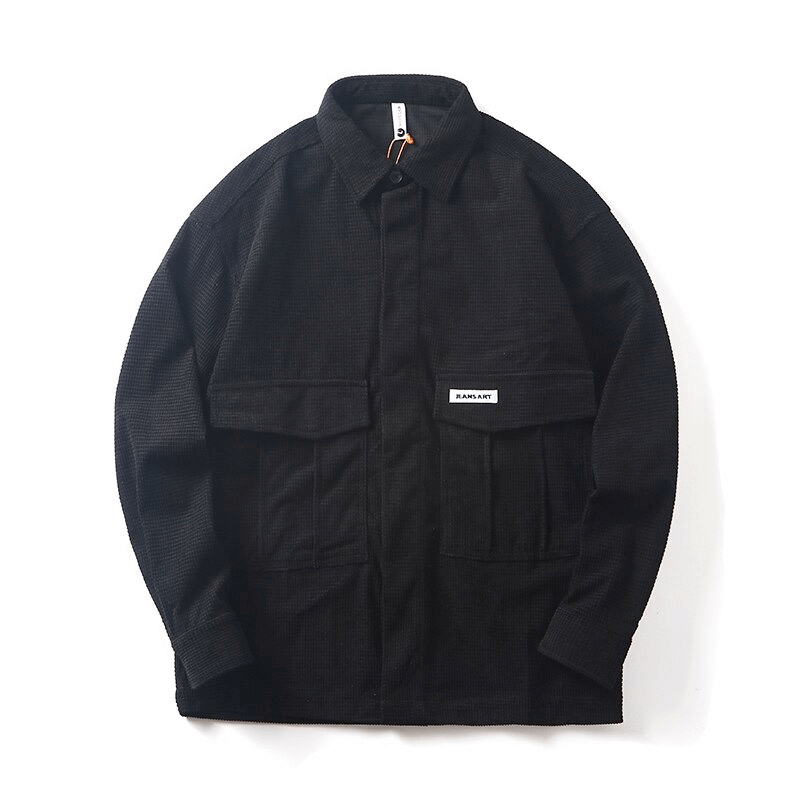 Oversized black men's shirt with two big pockets, featuring alternative style for a trendy wardrobe.