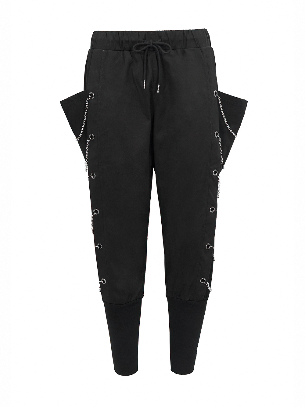 Men's loose cargo pants in black with chain eyelets and elastic waistband for a punk style look.