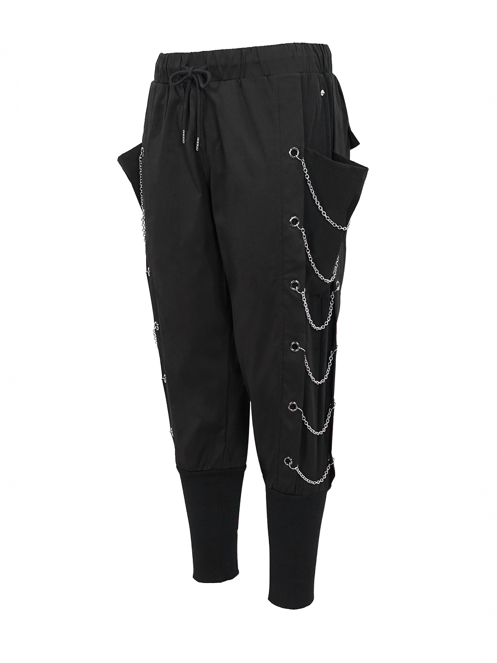 Men's loose cargo pants with chain eyelets, gothic punk style, elastic waistband, tapered fit for comfort and style.