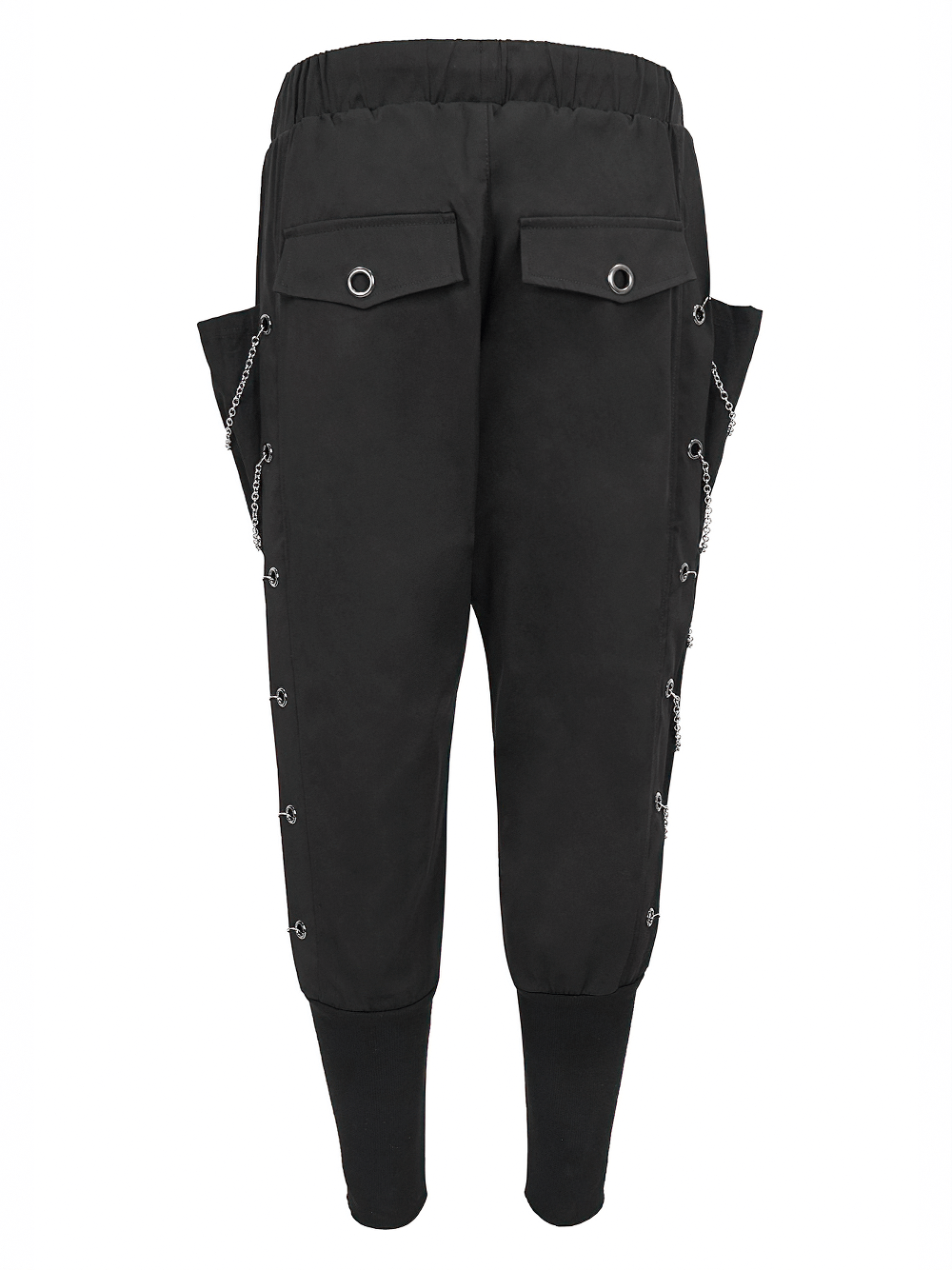 Men's loose cargo pants with chain eyelets, stylish gothic punk tapered trousers with elastic waistband.