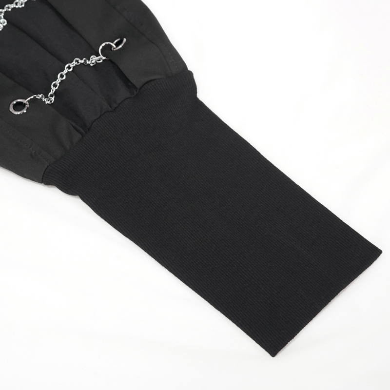 Close-up of men's gothic punk cargo pants featuring chain eyelets and tapered elastic waistband.