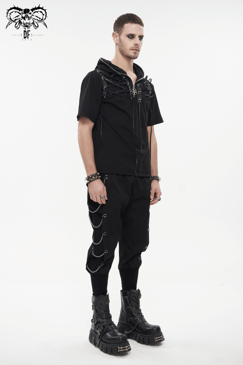 Men's gothic punk loose cargo pants with chain eyelets, paired with a stylish black hooded shirt.