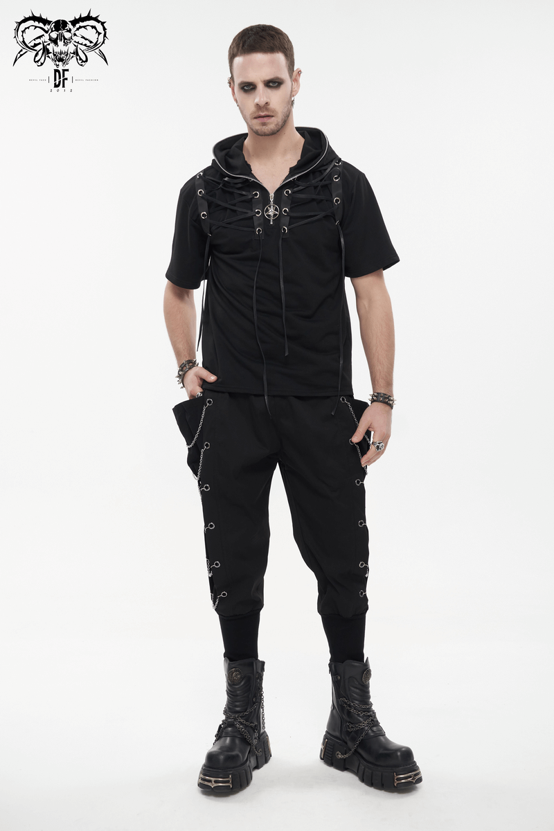 Men's gothic punk outfit featuring loose cargo pants with chain eyelets and a stylish hooded top.