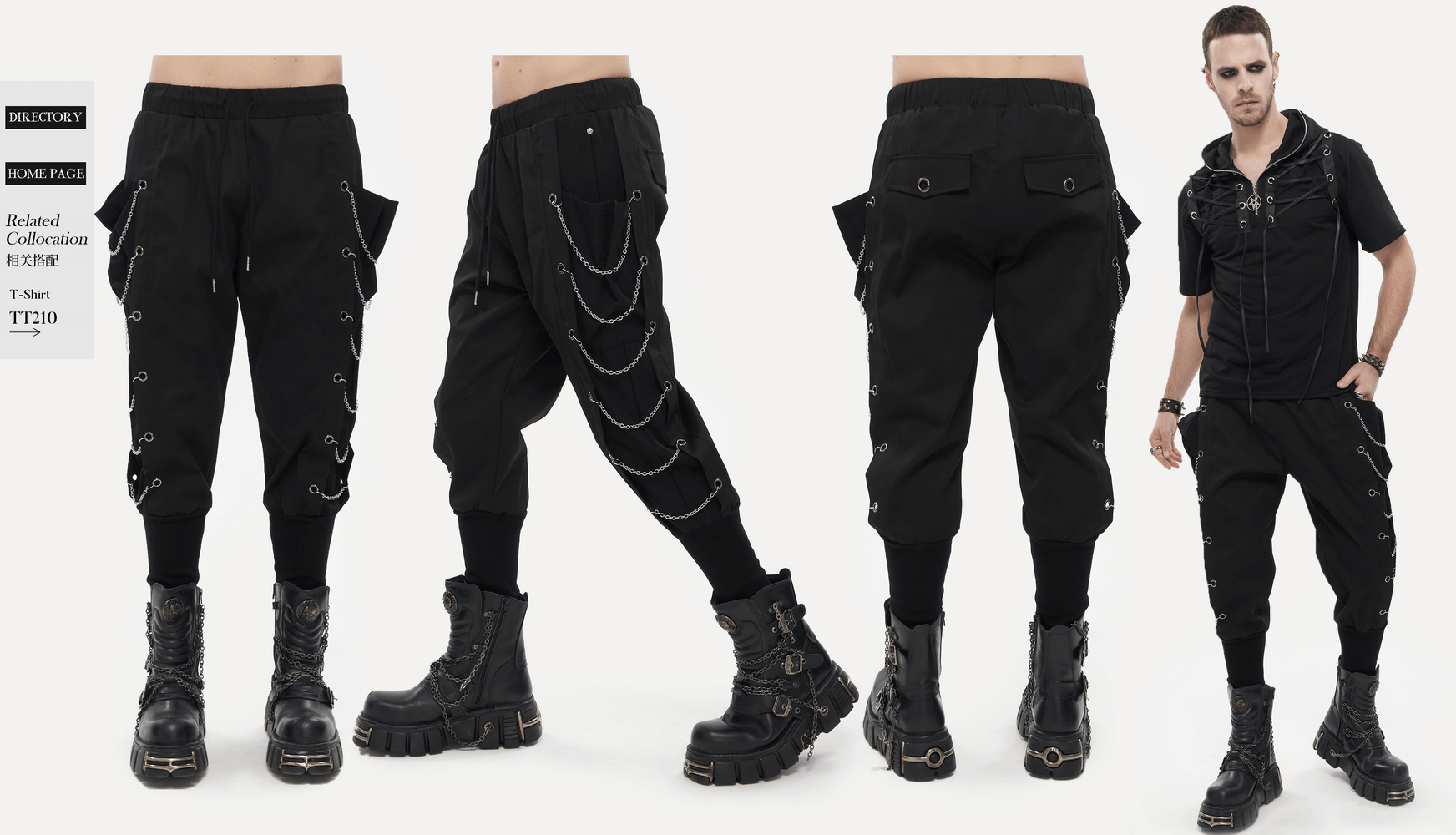 Men's black loose cargo pants with chain eyelets, tapered fit, and elastic waistband for a trendy punk look.