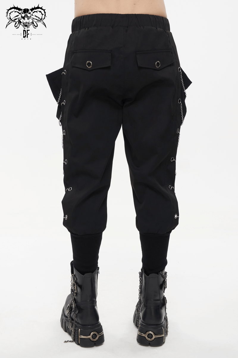 Men's gothic punk cargo pants with chain eyelets, elastic waistband, and loose fit, perfect for stylish streetwear.