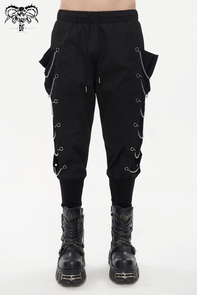 Men's gothic punk loose cargo pants with chain eyelets, tapered and stylish for a bold streetwear look.