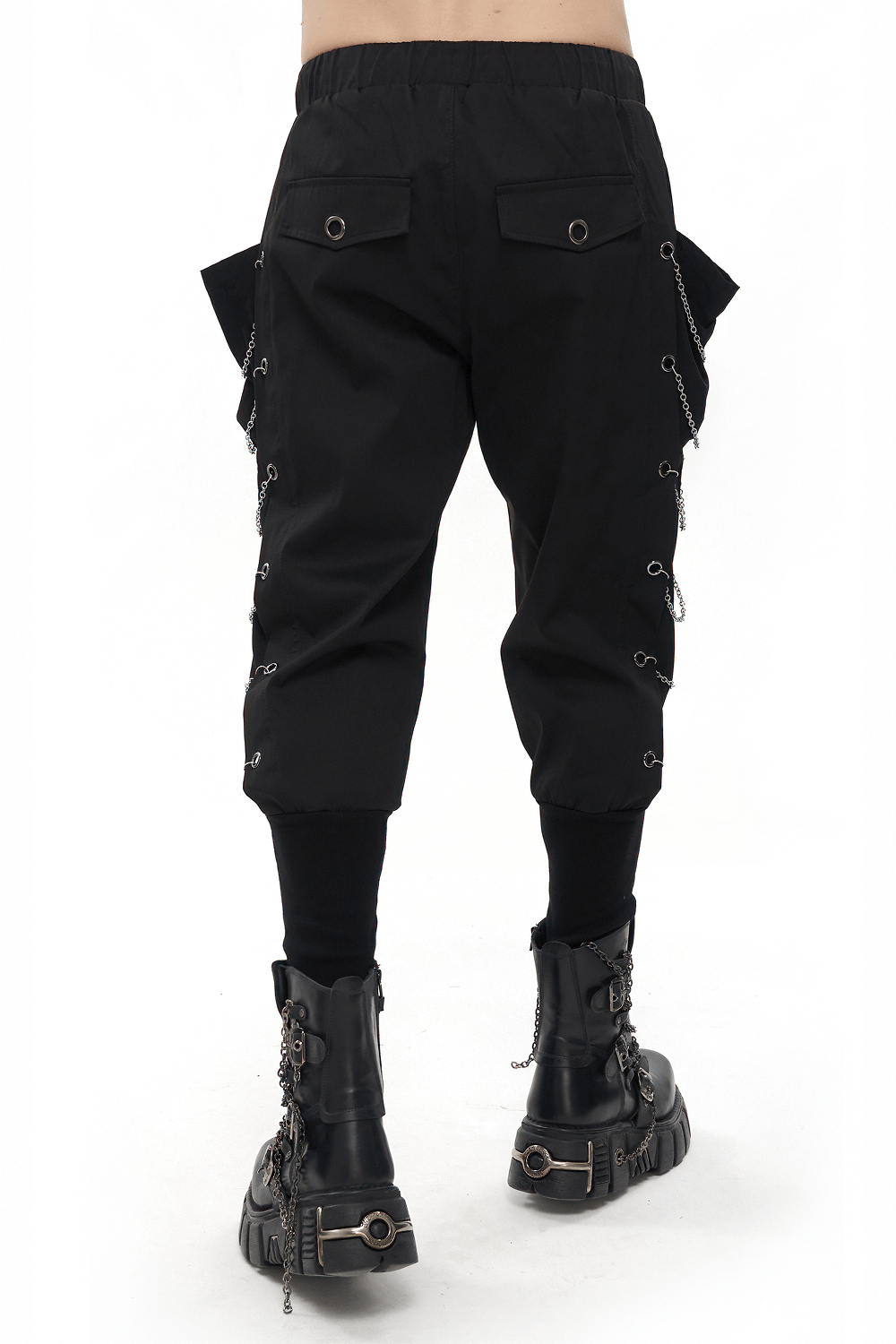 Men's black loose cargo pants with chain eyelets, featuring an elastic waistband, ideal for punk fashion.