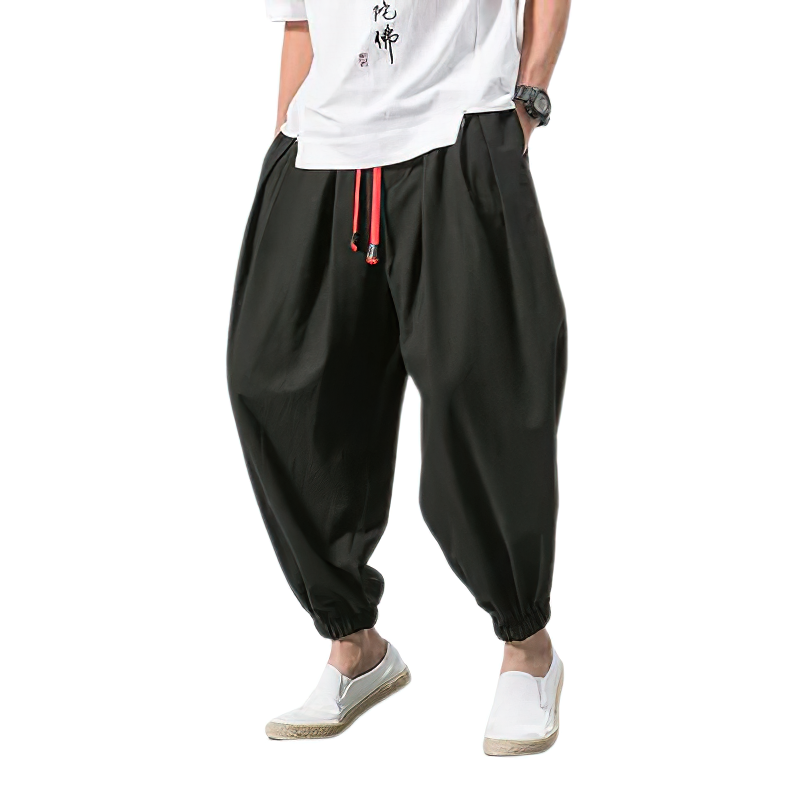 Men's fashion loose cotton linen pants in black, perfect for summer casual style with comfortable fit.
