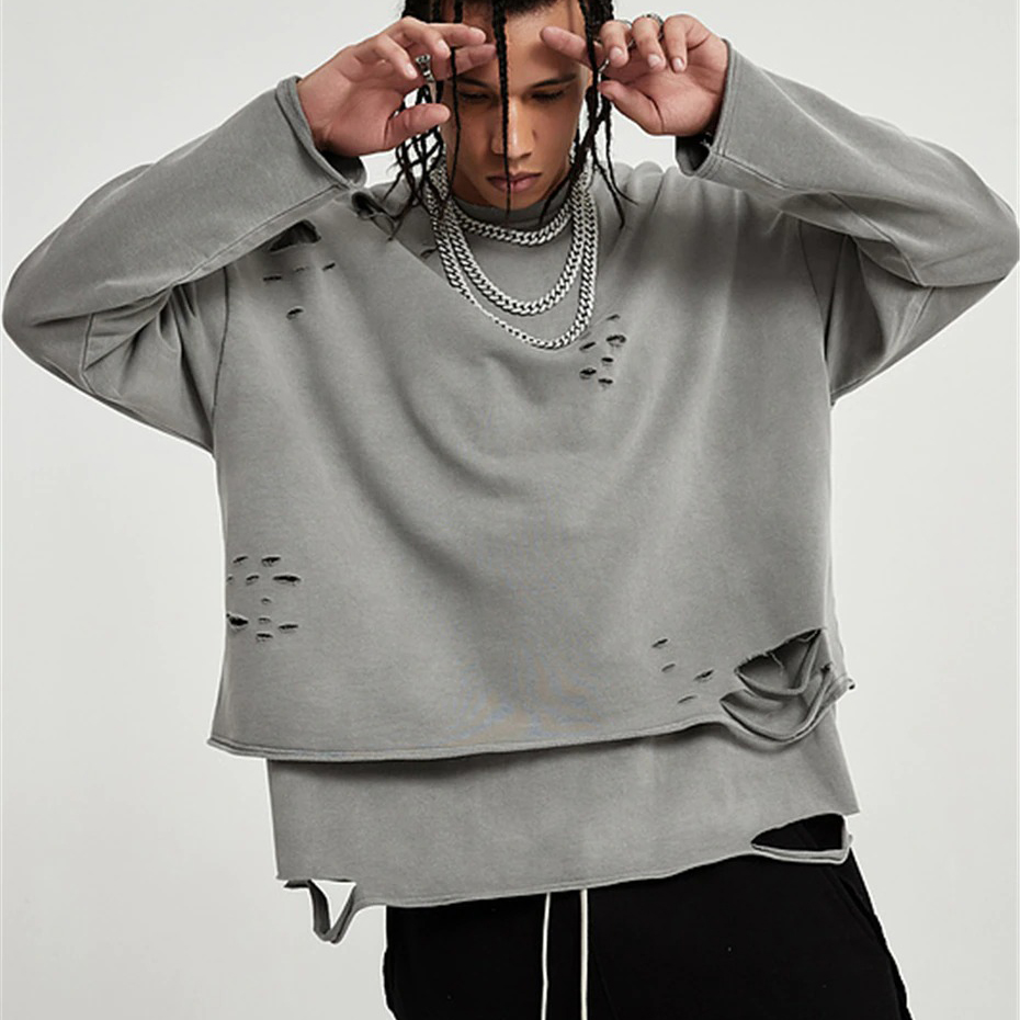 Fashion Loose Ripped Pullover / Men's Solid Color Cotton Sweatshirt / Punk Casual Tops - HARD'N'HEAVY