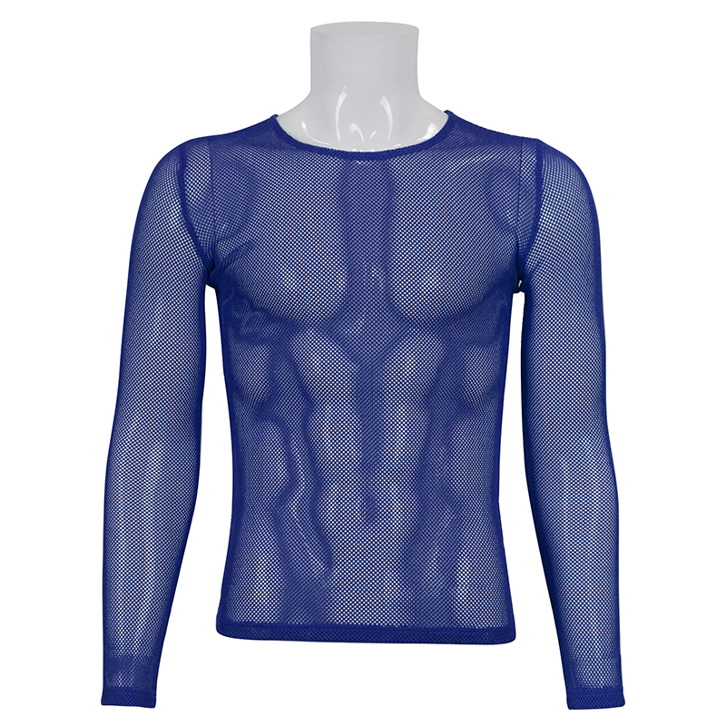 Fashion Male Blue Fluorescent Long Sleeve Mesh Top / Stylish Soft Stretchy Transparent Tops for Men - HARD'N'HEAVY
