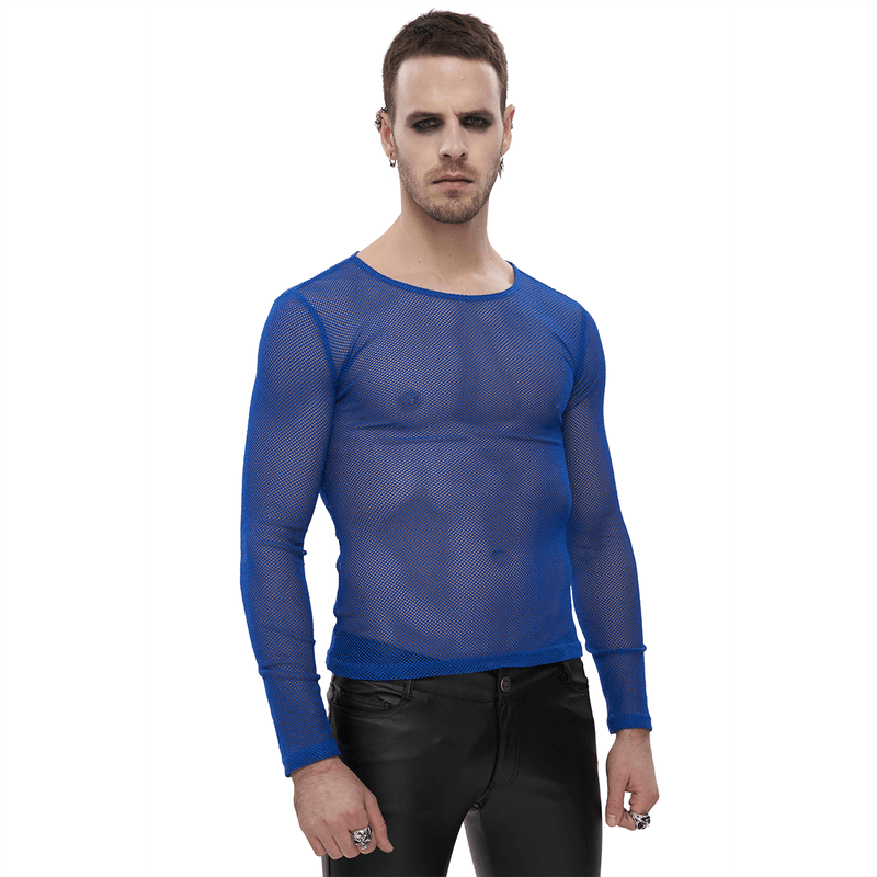 Fashion Male Blue Fluorescent Long Sleeve Mesh Top / Stylish Soft Stretchy Transparent Tops for Men - HARD'N'HEAVY