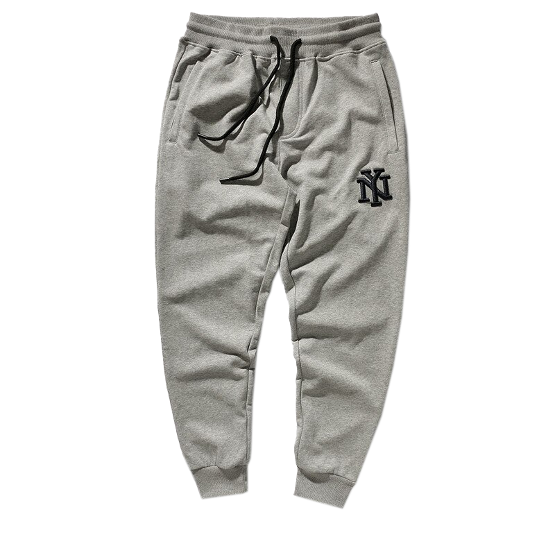 Men's casual loose pants in grey, featuring an elastic waist and drawstring for comfort and style.