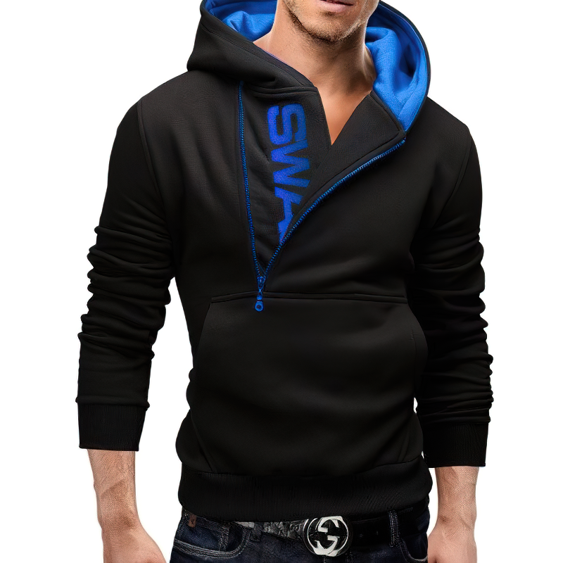 Men's fleece hoodie with side zipper in black and blue, perfect for casual and cold weather styling.
