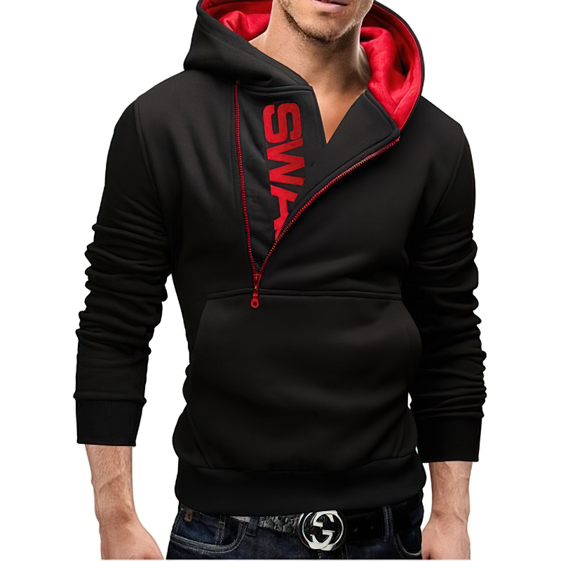 Stylish men's fleece hoodie with a red lining and side zipper, perfect for casual outings in cold weather.