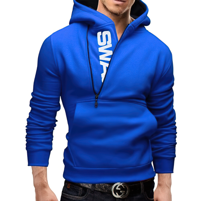Fashion male fleece hoodie in vibrant blue with side zipper and printed letters, perfect for casual style and cold weather.