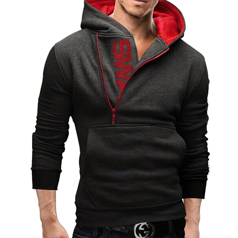Trendy men's fleece hoodie with side zipper, featuring a stylish red interior, perfect for casual cold-weather outfits.