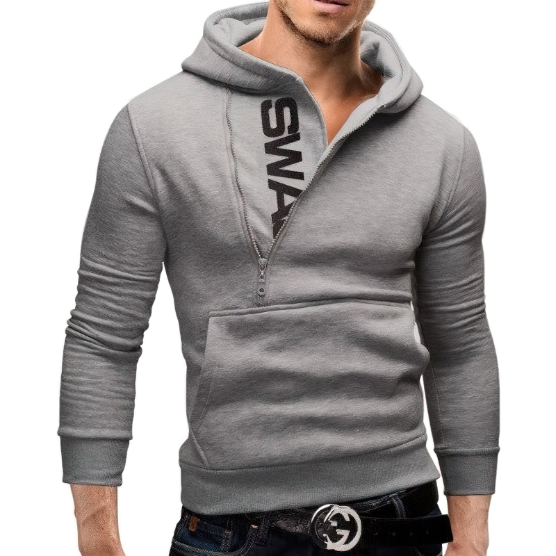 Stylish men's fleece hoodie with zipper in gray, featuring printed letters, perfect for casual wear.