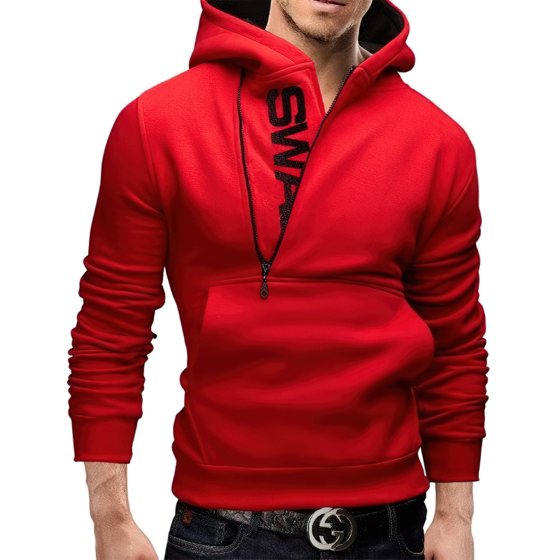 Red fleece men's hoodie with side zipper and printed letters, perfect for casual style and cold weather.