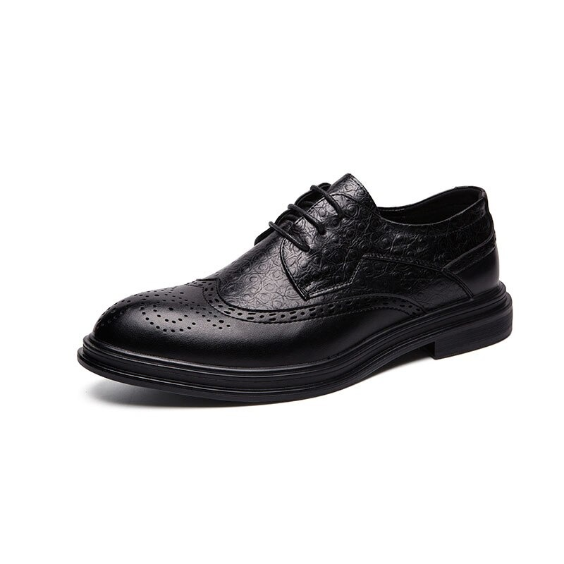 Stylish black genuine leather derby shoes with lace-up design, perfect for casual and trendy fashion statements.
