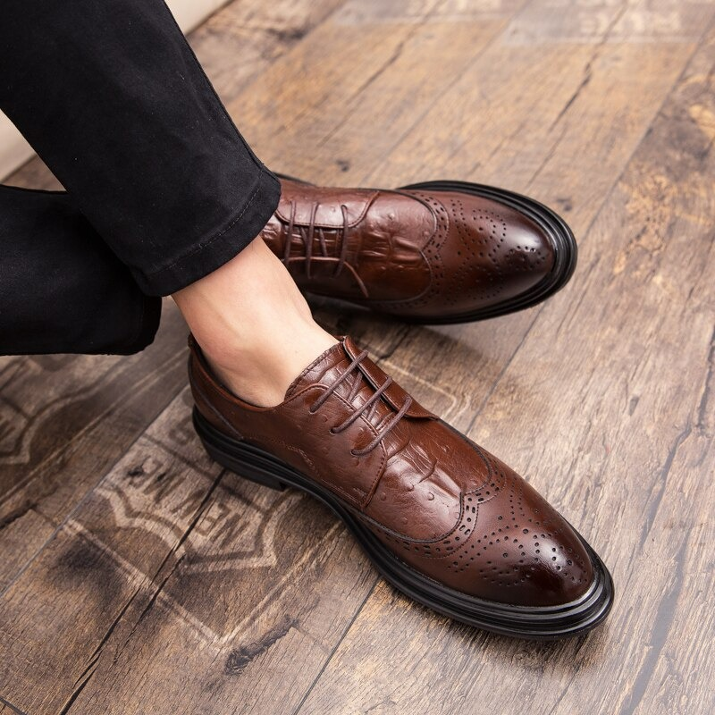 Trendy male genuine leather derby shoes in brown, showcasing modern design and quality sole for casual wear.