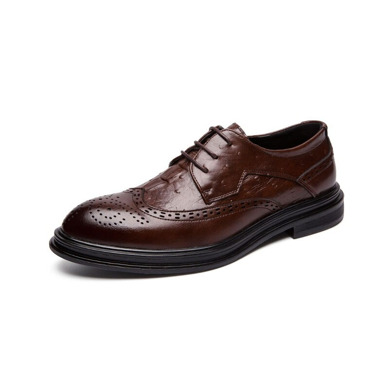 Fashion male genuine leather derby shoes in brown color, featuring stylish design and lace-up closure.