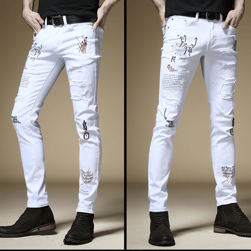 Stylish men's white slim jeans with letter print and distressed design, perfect for casual wear.