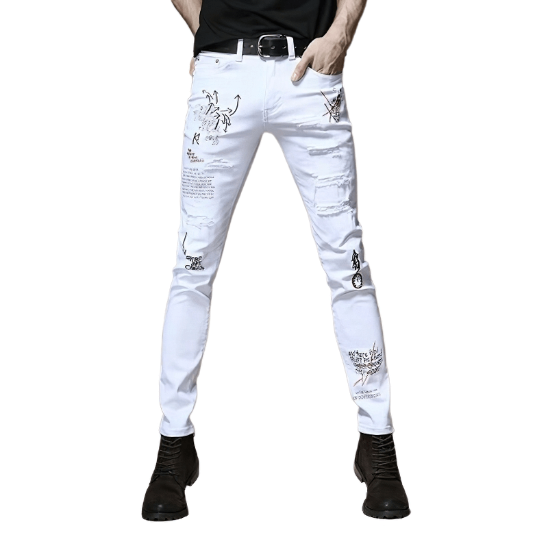 Men's casual white slim jeans with stylish prints, perfect for a trendy, modern look.