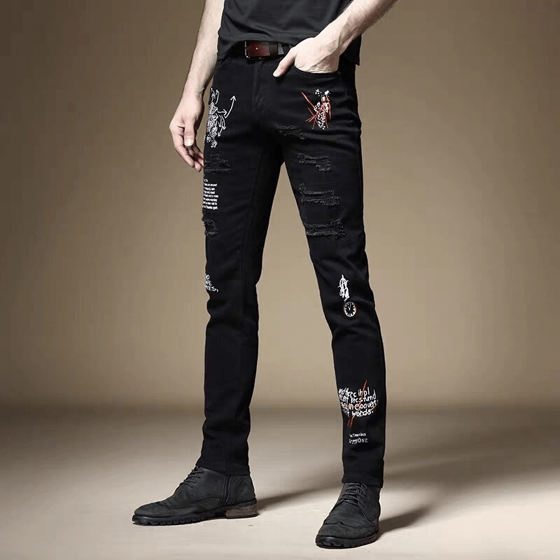 Men's slim jeans with letter print and stylish designs, perfect for a casual look.