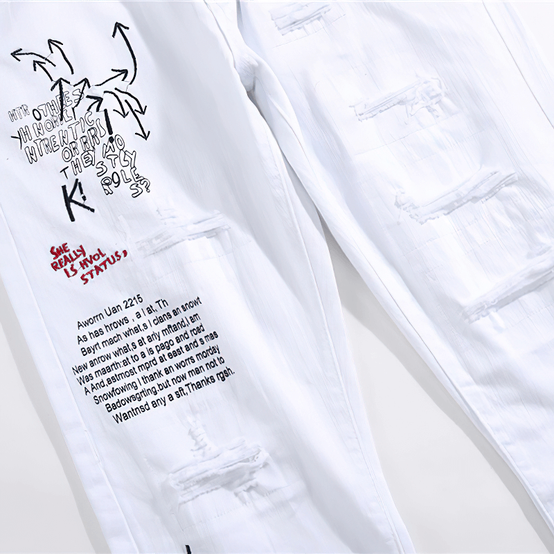 White slim jeans for men with trendy prints and stylish ripped details, perfect for casual wear.
