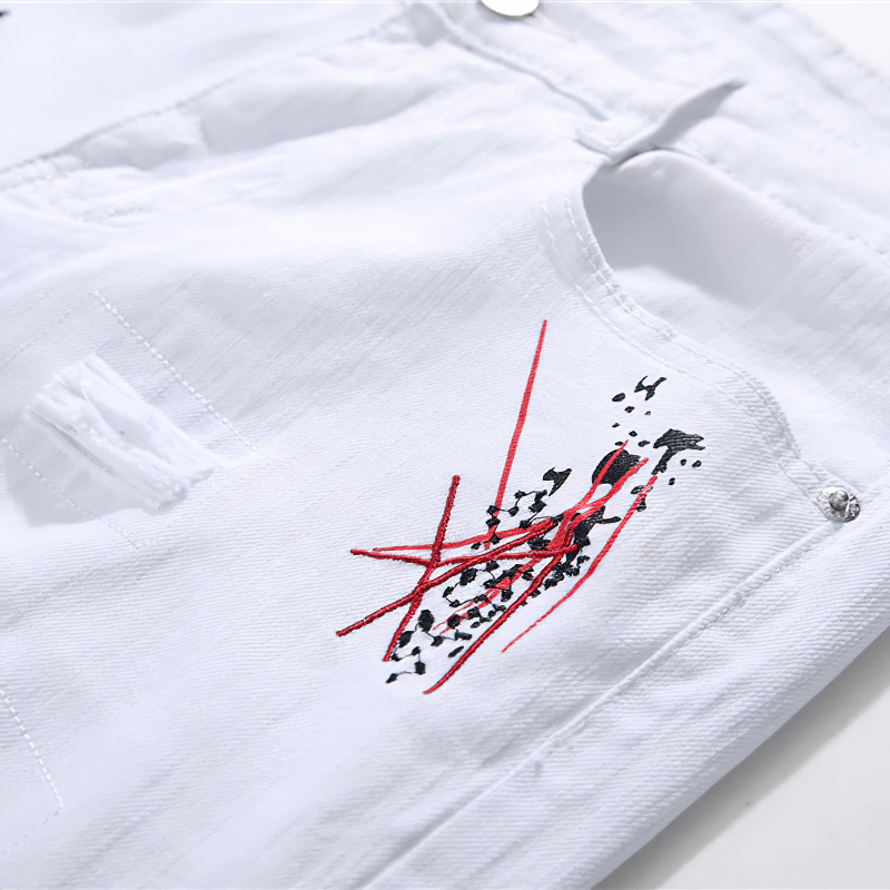 Fashion male white jeans with stylish red and black printed detailing, perfect for casual outings and a slim fit.
