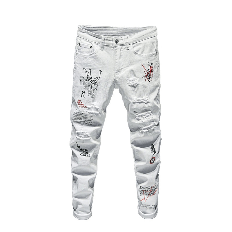 Men's white slim jeans with stylish letter print and ripped details, perfect for casual fashion.