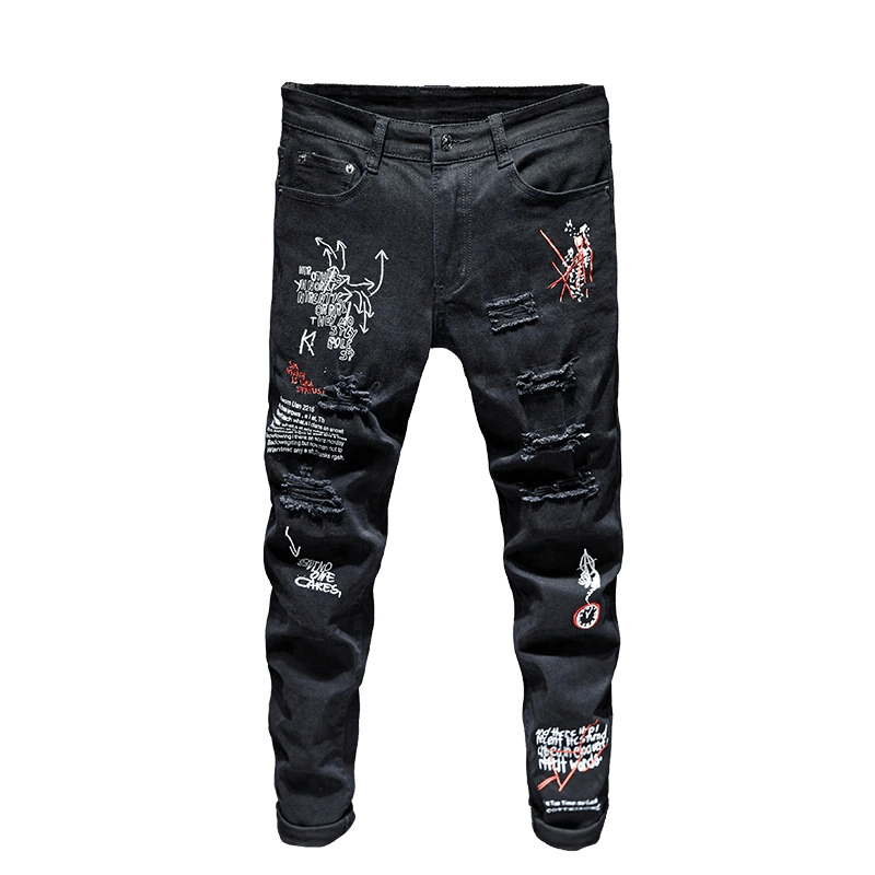 Men's slim fit black jeans with trendy letter prints and ripped details, perfect for a casual stylish look.