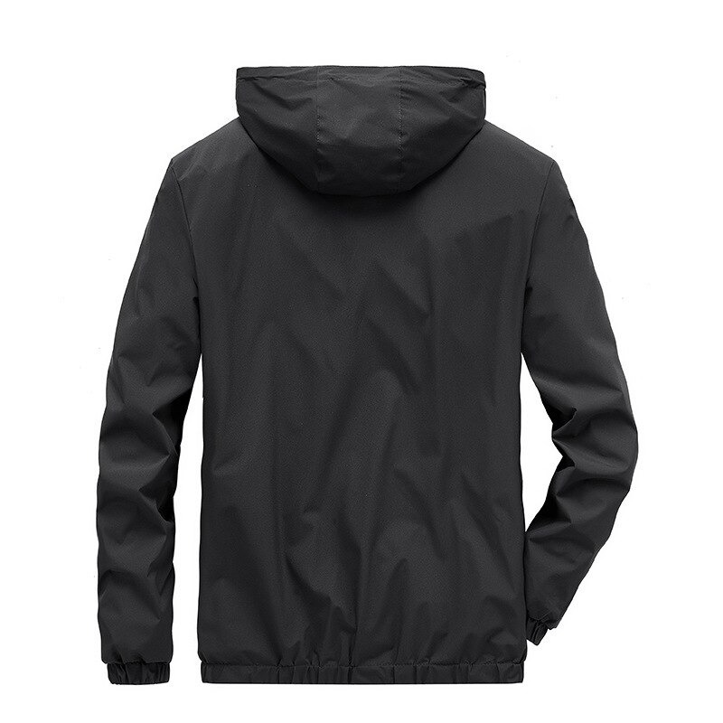 Back view of a men's slim fit zip-up jacket with a hood in black, ideal for casual wear and cold weather.