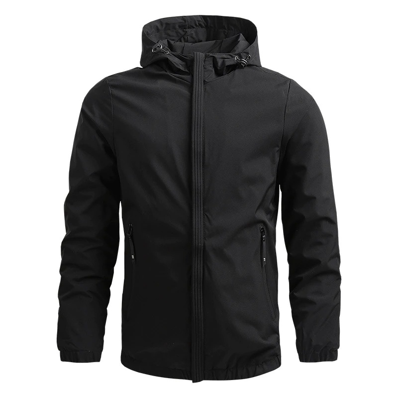 Men's black zip-up jacket with hoodie, stylish and warm casual outerwear for cold weather.