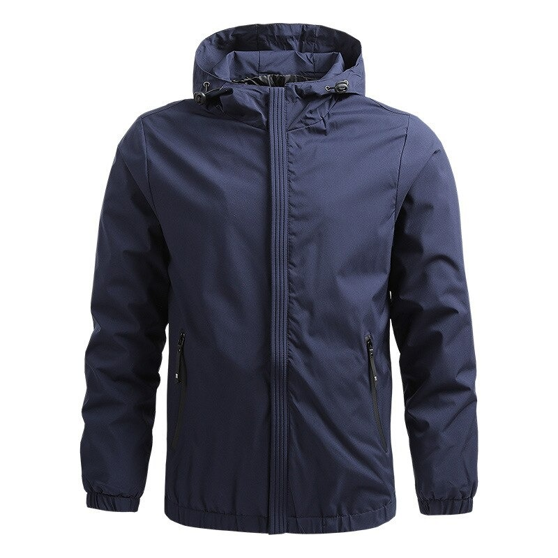 Men's navy long sleeve zip-up jacket with hoodie, perfect for casual wear and warmth in cold weather.