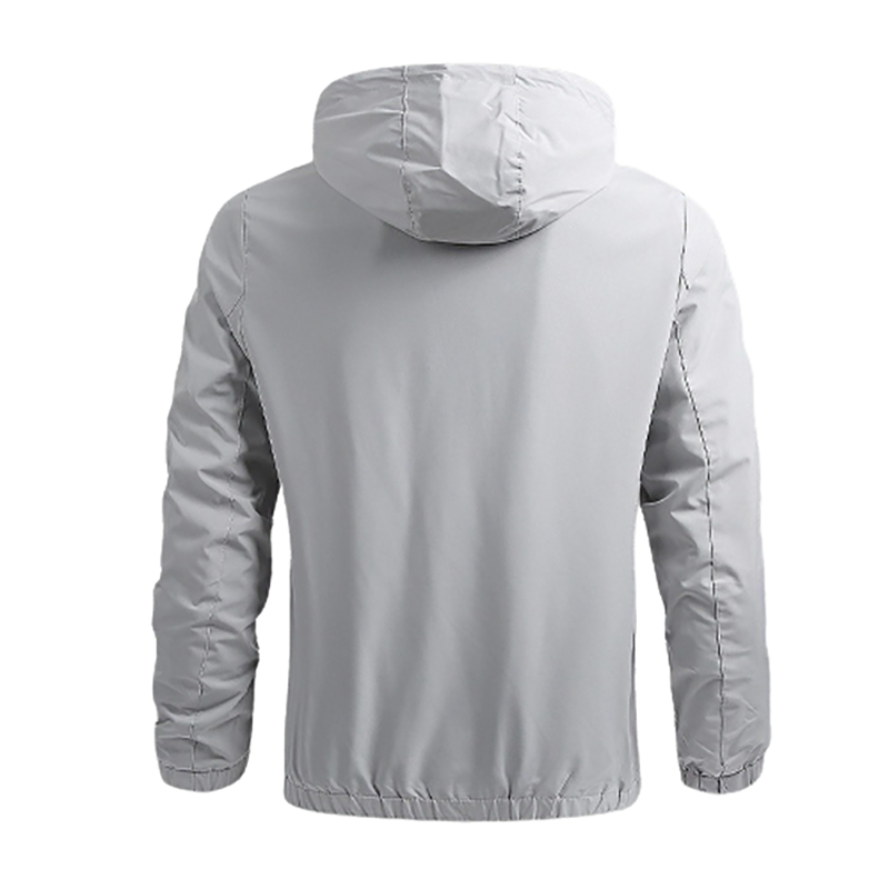 Back view of a light gray men's slim fit zip-up jacket with a hood, perfect for casual and warm styling.