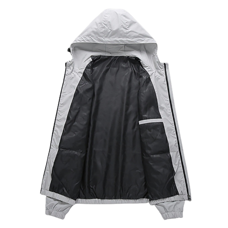 Interior view of a gray male long sleeve zip-up jacket with a hoodie, featuring a warm lining and spacious pockets.