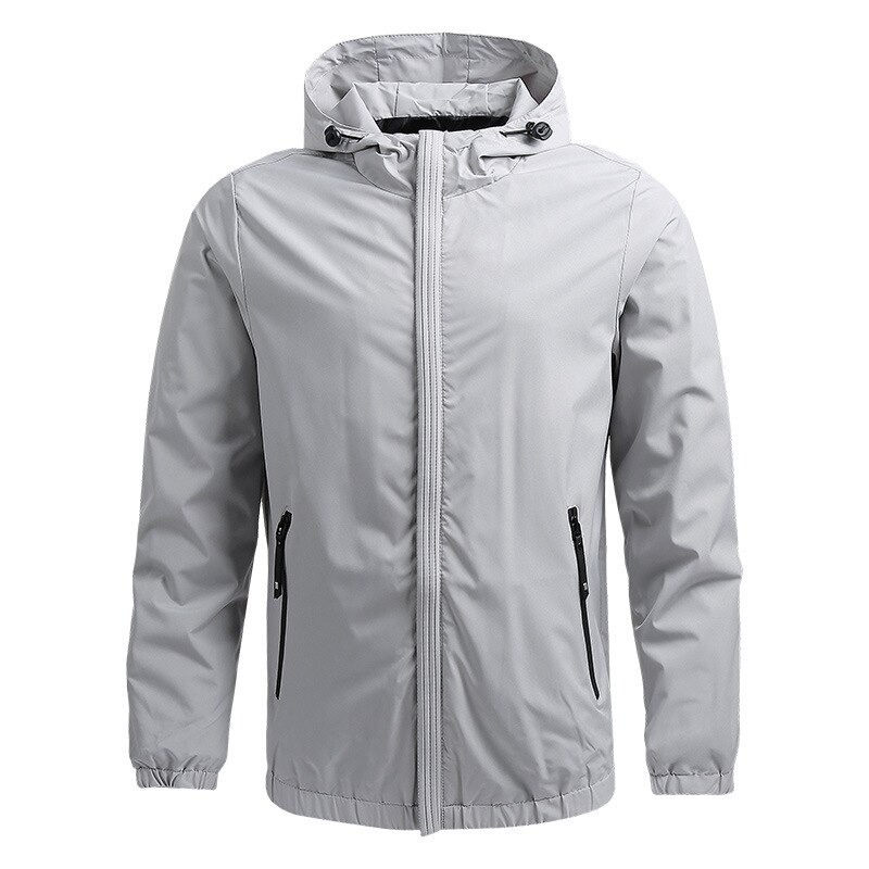 Stylish light gray male zip-up jacket with hoodie, featuring warm lining and slim fit design for casual comfort.