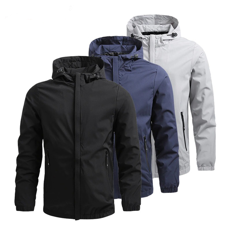 Stylish men's slim fit zip-up jackets with hoods in black, navy, and gray colors, perfect for casual warmth in cold weather.