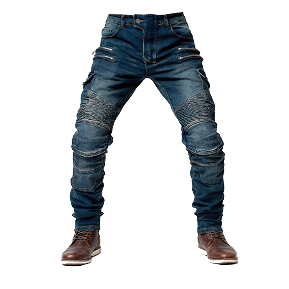 Men's stylish motorcycle zipper pants in fitted denim, featuring eye-catching zippers and a sleek design.