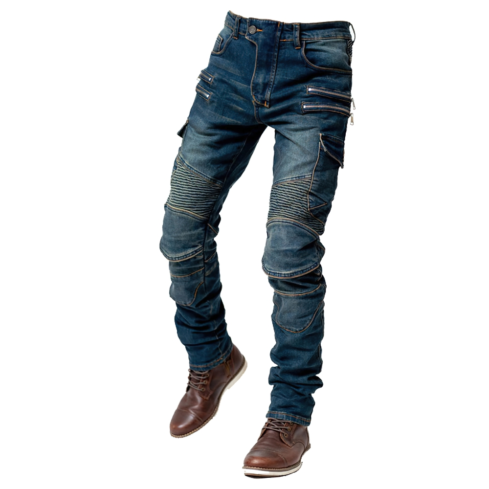 Men's stylish motorcycle zipper pants in denim with fitted cut and eye-catching details.